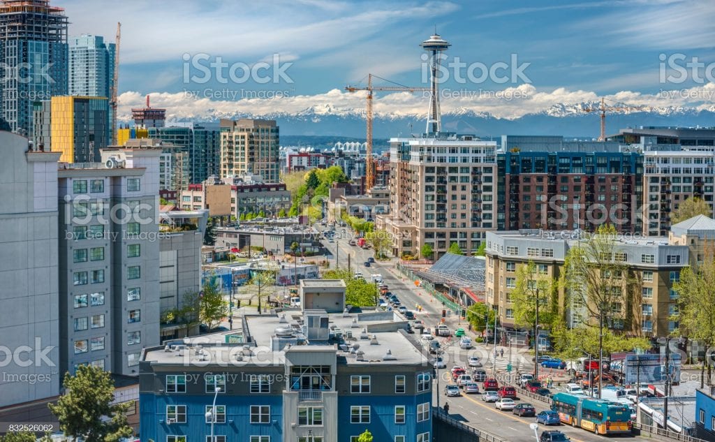 Afternoon Traffic in the Streets of Downtown Seattle on a Sunny Day